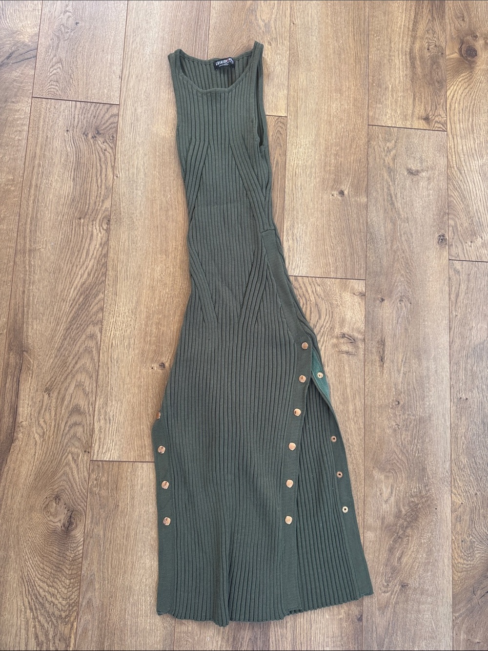 Olive Green Ribbed Midi Dress with Side Buttons